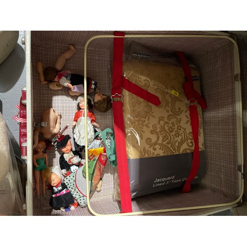 61 - Suitcase + contents, clock, doll water bottle etc