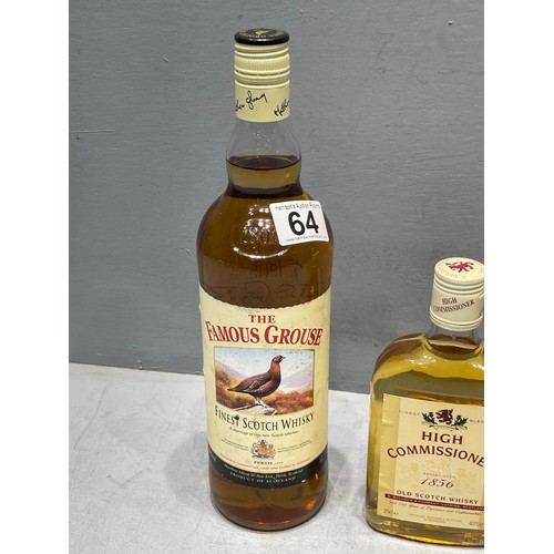 64 - 1 Bottle scotch whiskey, 1 bottle famous grouse whiskey + small bottle high commissioner whiskey uno... 