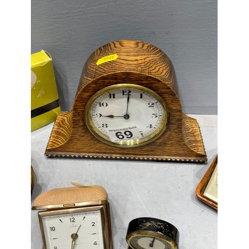 69 - Quantity clocks, oak mantle clock, travel clocks, + cocktail sticks