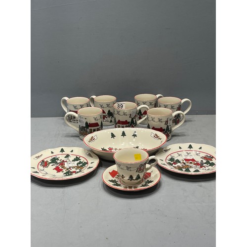 89 - 7 masons mugs + cup&saucer, bowl & 2 plates Christmas village new unused