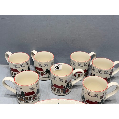 89 - 7 masons mugs + cup&saucer, bowl & 2 plates Christmas village new unused