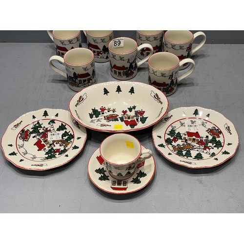 89 - 7 masons mugs + cup&saucer, bowl & 2 plates Christmas village new unused