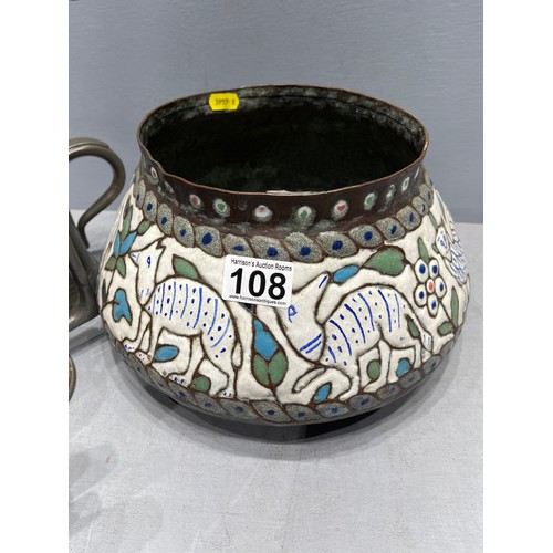 108 - Islamic bowl + 3 pewter jugs