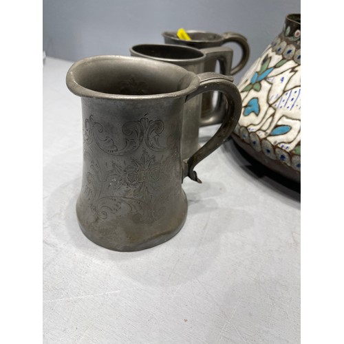 108 - Islamic bowl + 3 pewter jugs