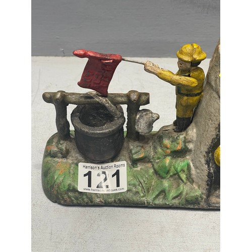 121 - Cast iron metal money box 'boy scouts camp'