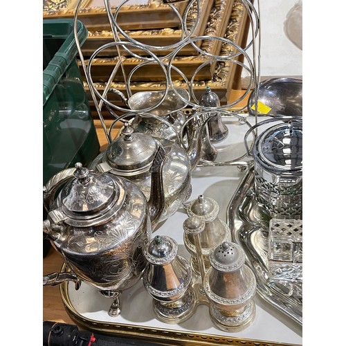 148 - Quantity silver plate, wine rack cruets, gravy boats etc