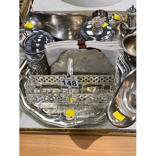 148 - Quantity silver plate, wine rack cruets, gravy boats etc