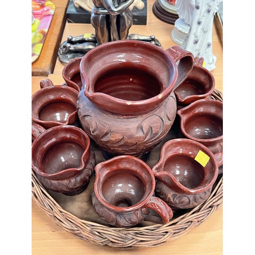 176 - French wine jug & cups + oriental tea set on tray