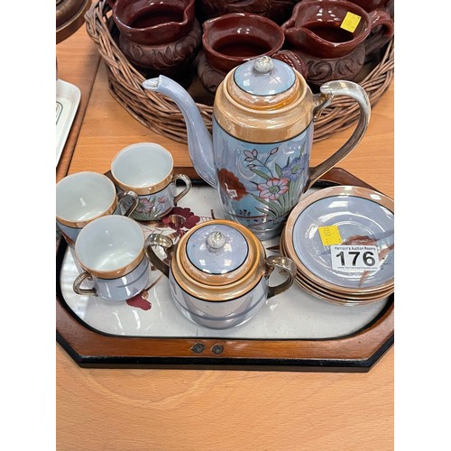 176 - French wine jug & cups + oriental tea set on tray