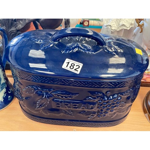 182 - Blue stone ware bread bin + stoneware jug