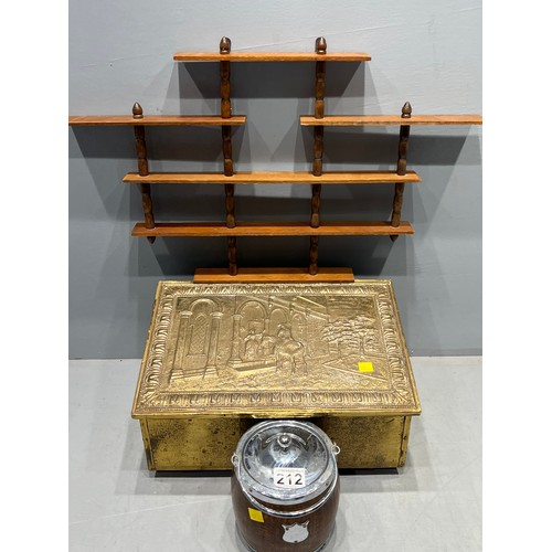 212 - Brass embossed table top box + biscuit barrel + wall rack