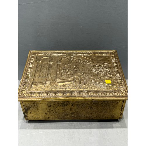 212 - Brass embossed table top box + biscuit barrel + wall rack