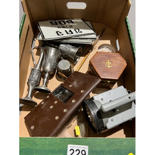 229 - Box of misc inc signs torch etc