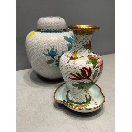 230 - Enameled vase + vase + dish