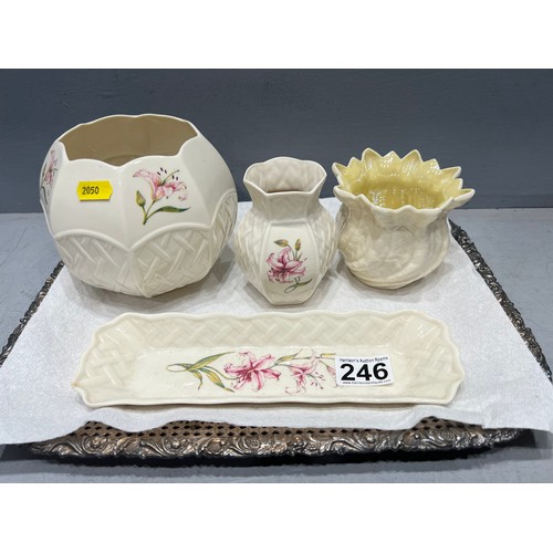 246 - Belleek vases + pin tray