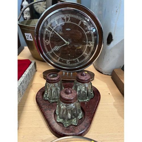 273 - Deco clock + bakelite cruet + baromiter