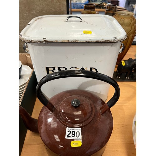 290 - White enamel bread bin, enamel kettle, posser base