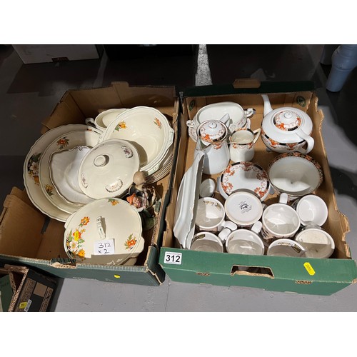 312 - 2 Boxes pottery in 6 ringtons mugs & portmerion