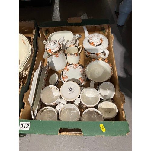 312 - 2 Boxes pottery in 6 ringtons mugs & portmerion