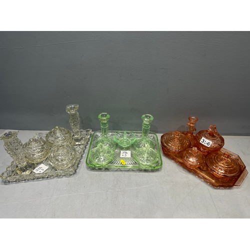 356 - 1 Green, 1 pink + 1 white glass dressing table sets