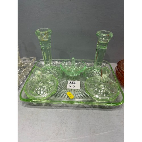 356 - 1 Green, 1 pink + 1 white glass dressing table sets