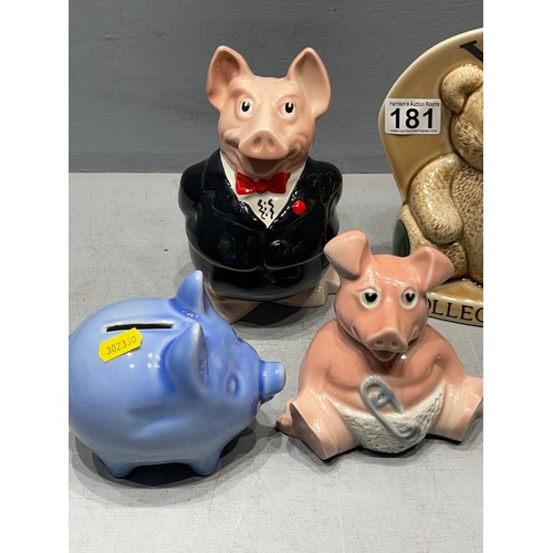 181 - 3 Wade pig money boxes + wade teddy bear collectable + wade whimsies