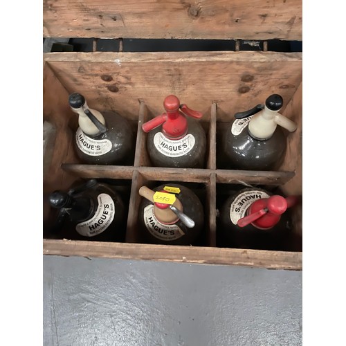 394 - Vintage wooden haigh crate with 6 haighs soda syphon bottles