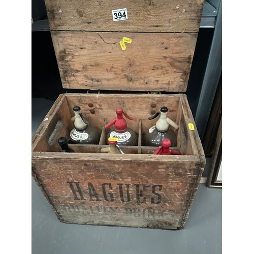 394 - Vintage wooden haigh crate with 6 haighs soda syphon bottles