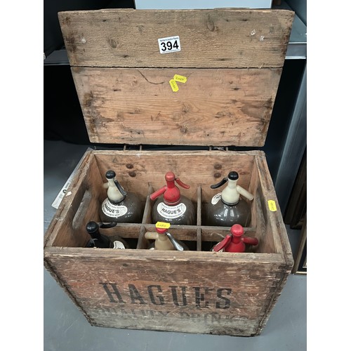 394 - Vintage wooden haigh crate with 6 haighs soda syphon bottles