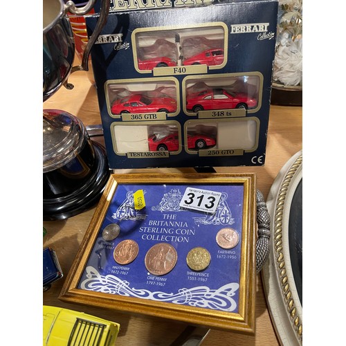 313 - Quantity boxed cars, trophy coin set etc