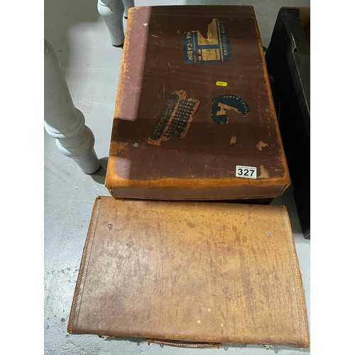 327 - Leather brown suit case + smaller brown suitcase