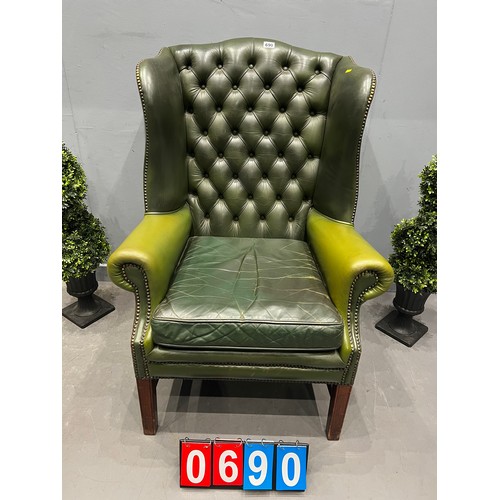 690 - Leather Chesterfield wing back chair library chair