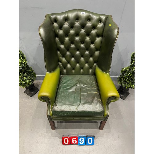 690 - Leather Chesterfield wing back chair library chair