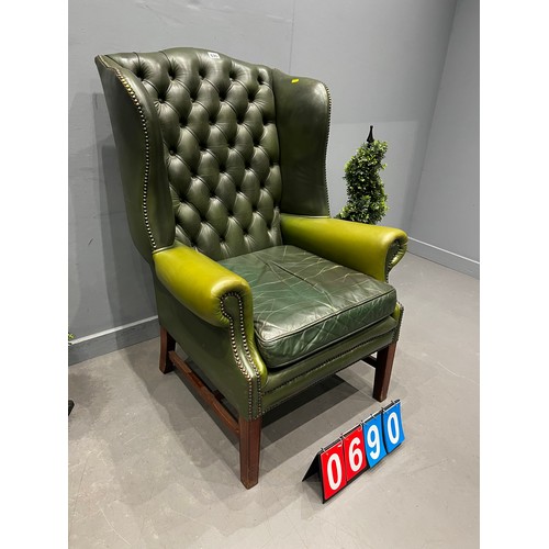 690 - Leather Chesterfield wing back chair library chair