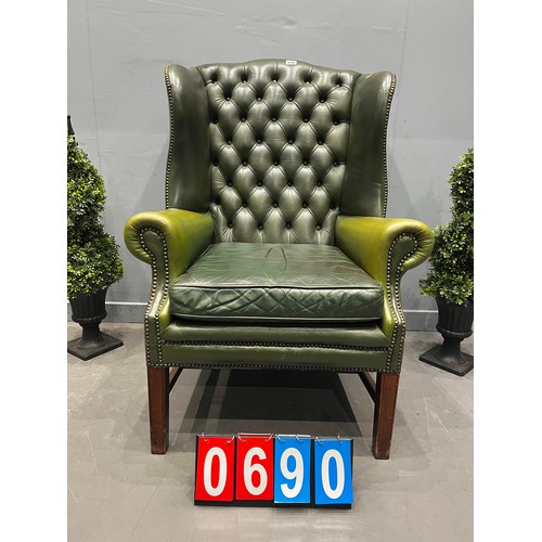 690 - Leather Chesterfield wing back chair library chair