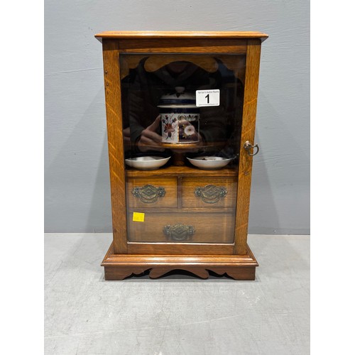 1 - Superb oak smokers cabinet circa 1920 with glass door & tobacco jar & trays