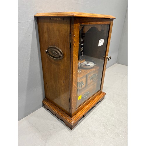 1 - Superb oak smokers cabinet circa 1920 with glass door & tobacco jar & trays