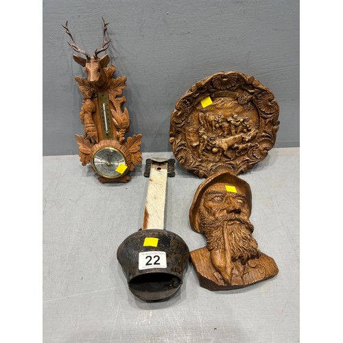 22 - Large cow bell + carved wooden bowl/head etc