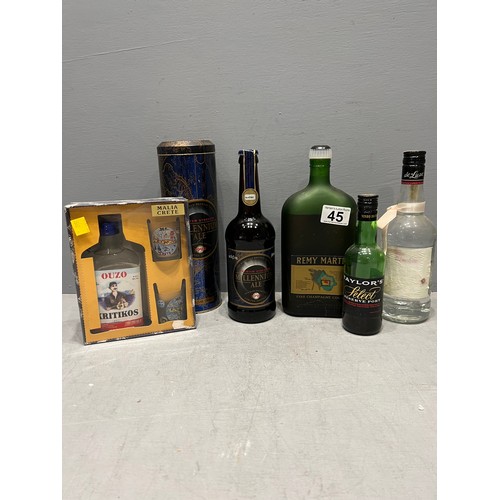 45 - 5 Bottles assorted drink cognac, ouzo, etc