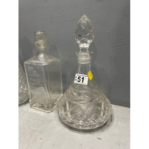 51 - 2 Glass decanters + claret jug