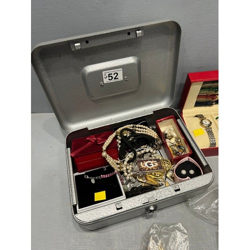 52 - Tin box with costume jewellery + quantity watches