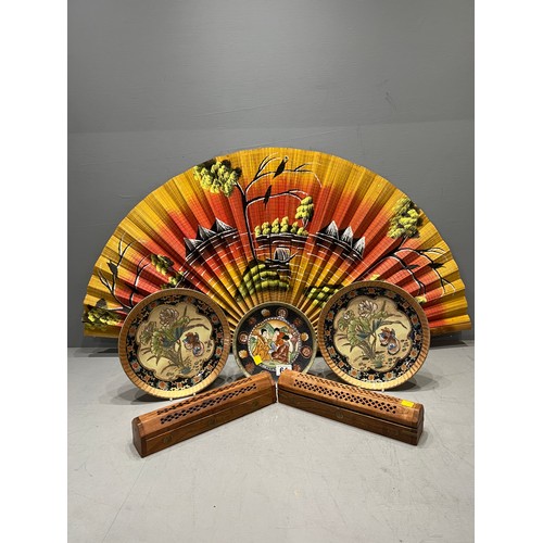 61 - 3 Oriental plates fan & incense burners in boxes