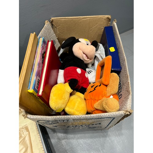 77 - Box mickey mouse etc toys + books + 2 cases