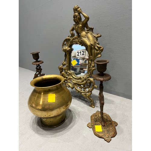 212 - Victorian brass mirror + pair of 20th century candle sticks + brass artillery shell planter