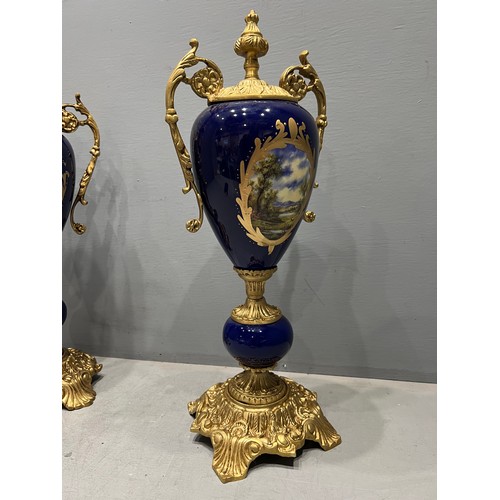 216 - Impressive pair of Victorian design brass & porcelain urns with good decoration