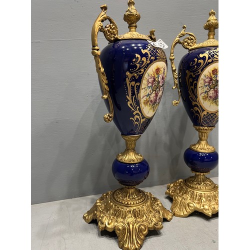 216 - Impressive pair of Victorian design brass & porcelain urns with good decoration