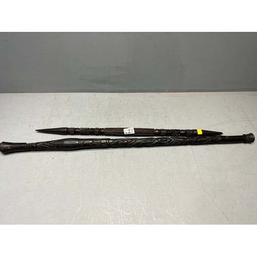 227 - 2 Early 20th century tribal sticks with carved stem