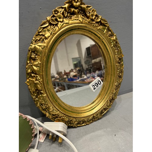 290 - Handbag lamp + gilt oval mirror