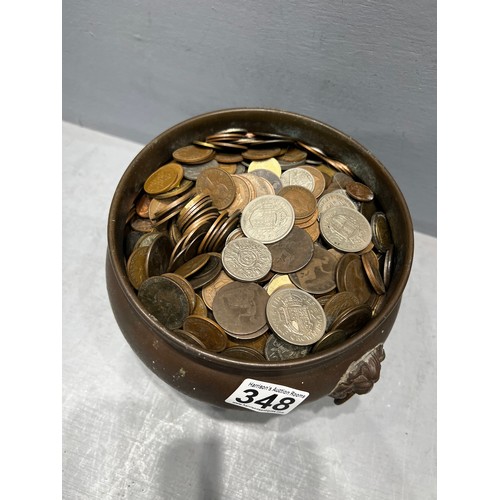 348 - Brass bowl full coins