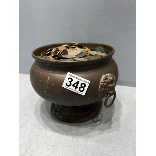 348 - Brass bowl full coins